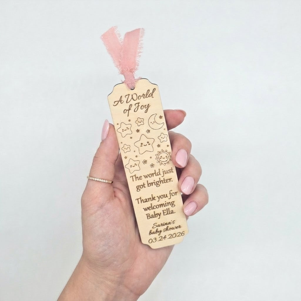 12 Personalized wood Baby Shower party favor bookmarks - Custom star moon celestial party gifts - Pink Blue Sage ribbon accent options
