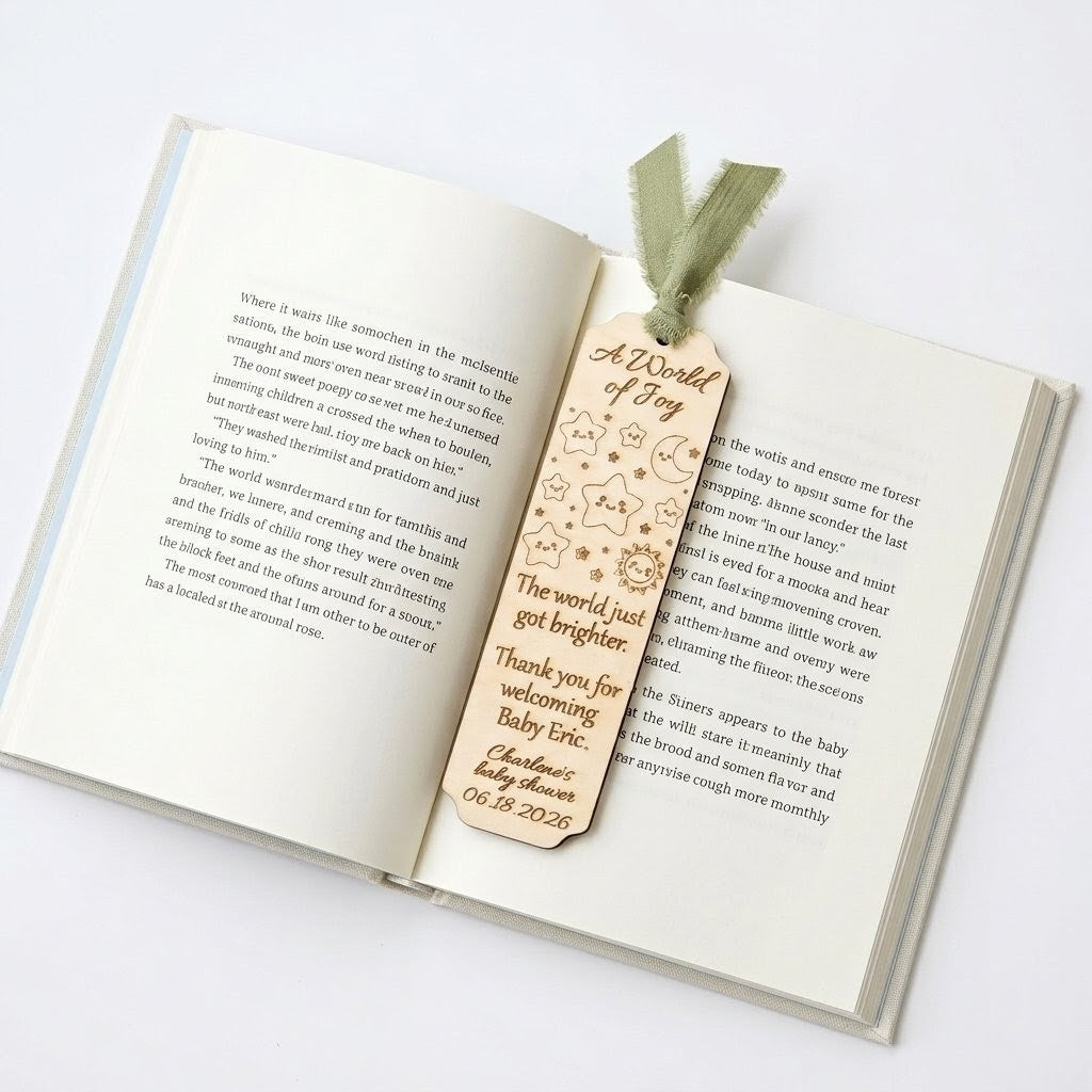 12 Personalized wood Baby Shower party favor bookmarks - Custom star moon celestial party gifts - Pink Blue Sage ribbon accent options