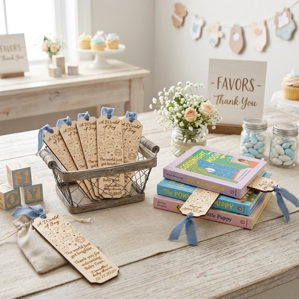 12 Personalized wood Baby Shower party favor bookmarks - Custom star moon celestial party gifts - Pink Blue Sage ribbon accent options