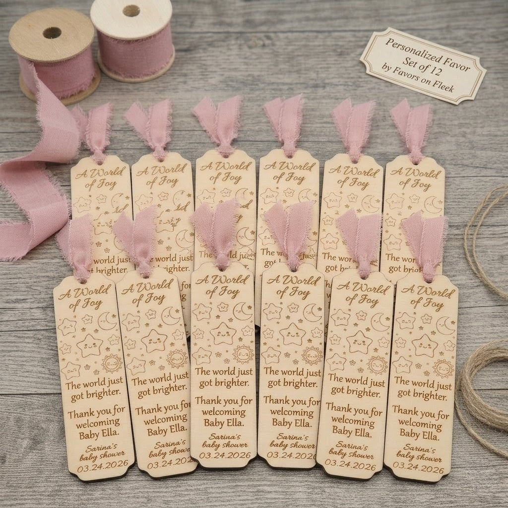 12 Personalized wood Baby Shower party favor bookmarks - Custom star moon celestial party gifts - Pink Blue Sage ribbon accent options