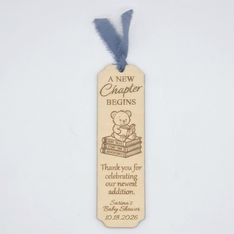 Personalized Baby Shower Bookmark Favors - Laser Cut Wood Bear Theme, A New Chapter Begins, Pink Blue Sage Green Ribbon