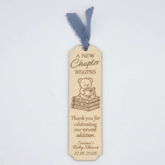 Personalized Baby Shower Bookmark Favors - Laser Cut Wood Bear Theme, A New Chapter Begins, Pink Blue Sage Green Ribbon