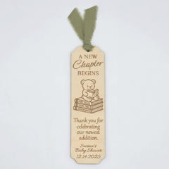 Personalized Baby Shower Bookmark Favors - Laser Cut Wood Bear Theme, A New Chapter Begins, Pink Blue Sage Green Ribbon