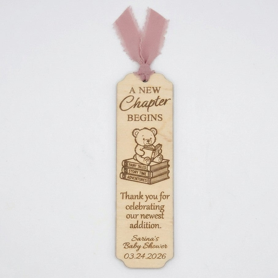 Personalized Baby Shower Bookmark Favors - Laser Cut Wood Bear Theme, A New Chapter Begins, Pink Blue Sage Green Ribbon