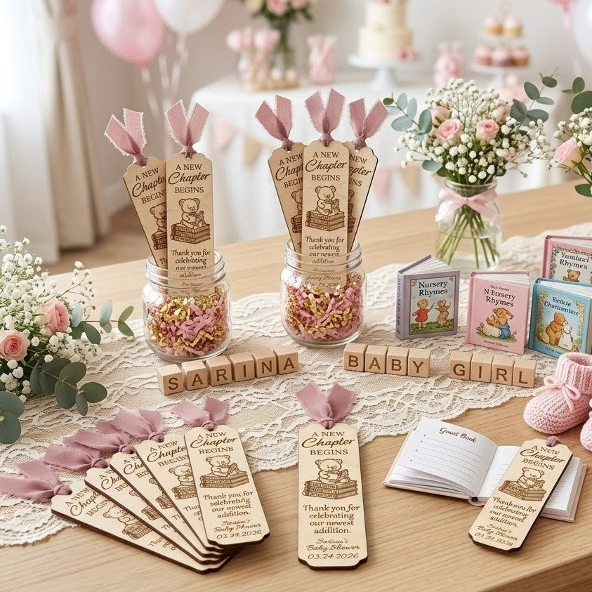 Personalized Baby Shower Bookmark Favors - Laser Cut Wood Bear Theme, A New Chapter Begins, Pink Blue Sage Green Ribbon