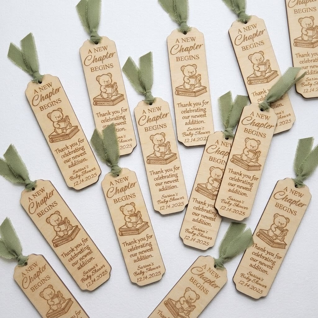 Personalized Baby Shower Bookmark Favors - Laser Cut Wood Bear Theme, A New Chapter Begins, Pink Blue Sage Green Ribbon