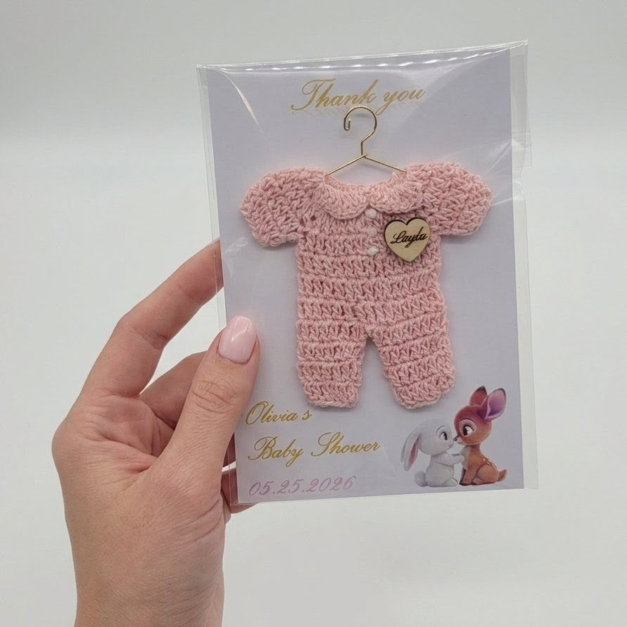 Set of 6 Personalized Baby Shower Party Gift - Custom Crochet Pink Onesie Favors with Engraved Heart on Exclusive 4x6 Art Card and Cello