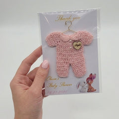 Set of 6 Personalized Baby Shower Party Gift - Custom Crochet Pink Onesie Favors with Engraved Heart on Exclusive 4x6 Art Card and Cello