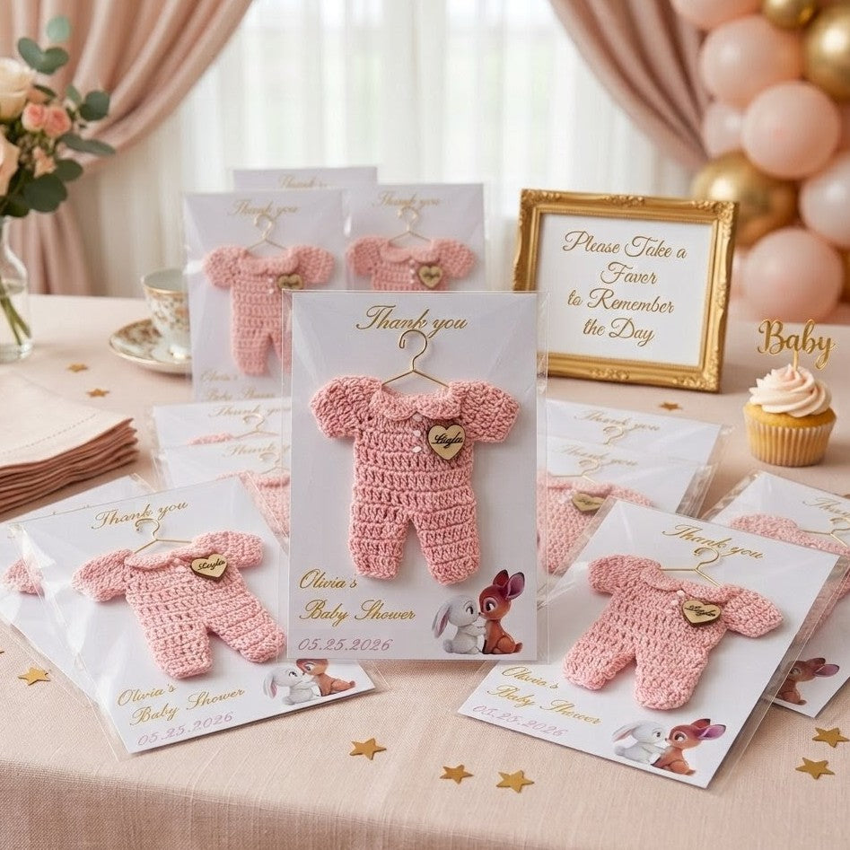 Set of 6 Personalized Baby Shower Party Gift - Custom Crochet Pink Onesie Favors with Engraved Heart on Exclusive 4x6 Art Card and Cello