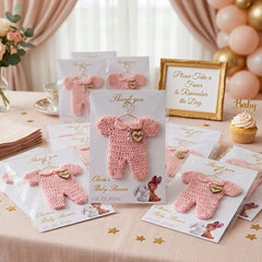 Set of 6 Personalized Baby Shower Party Gift - Custom Crochet Pink Onesie Favors with Engraved Heart on Exclusive 4x6 Art Card and Cello