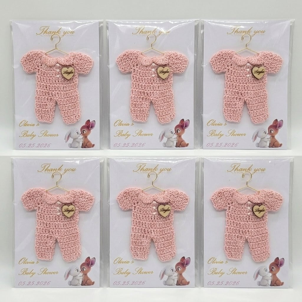 Set of 6 Personalized Baby Shower Party Gift - Custom Crochet Pink Onesie Favors with Engraved Heart on Exclusive 4x6 Art Card and Cello