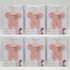 Set of 6 Personalized Baby Shower Party Gift - Custom Crochet Pink Onesie Favors with Engraved Heart on Exclusive 4x6 Art Card and Cello