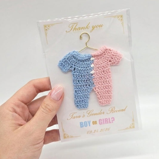 Set of 6 Crochet Gender Reveal Favors | Pink & Blue Mini Onesie on 4x6 Personalized Card | Boy or Girl Party Souvenir | Thank You Keepsake