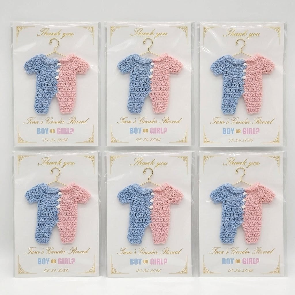Set of 6 Crochet Gender Reveal Favors | Pink & Blue Mini Onesie on 4x6 Personalized Card | Boy or Girl Party Souvenir | Thank You Keepsake