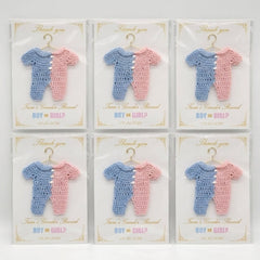 Set of 6 Crochet Gender Reveal Favors | Pink & Blue Mini Onesie on 4x6 Personalized Card | Boy or Girl Party Souvenir | Thank You Keepsake