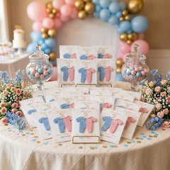 Set of 6 Crochet Gender Reveal Favors | Pink & Blue Mini Onesie on 4x6 Personalized Card | Boy or Girl Party Souvenir | Thank You Keepsake