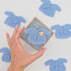 Personalized Blue Crochet Sweater Favors, Set of 12 Custom Baby Shower Keepsakes, Engraved Heart Baptism Cardigan in Display Box