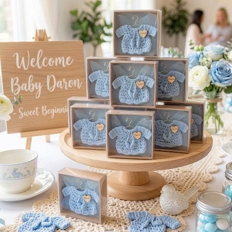 Personalized Blue Crochet Sweater Favors, Set of 12 Custom Baby Shower Keepsakes, Engraved Heart Baptism Cardigan in Display Box