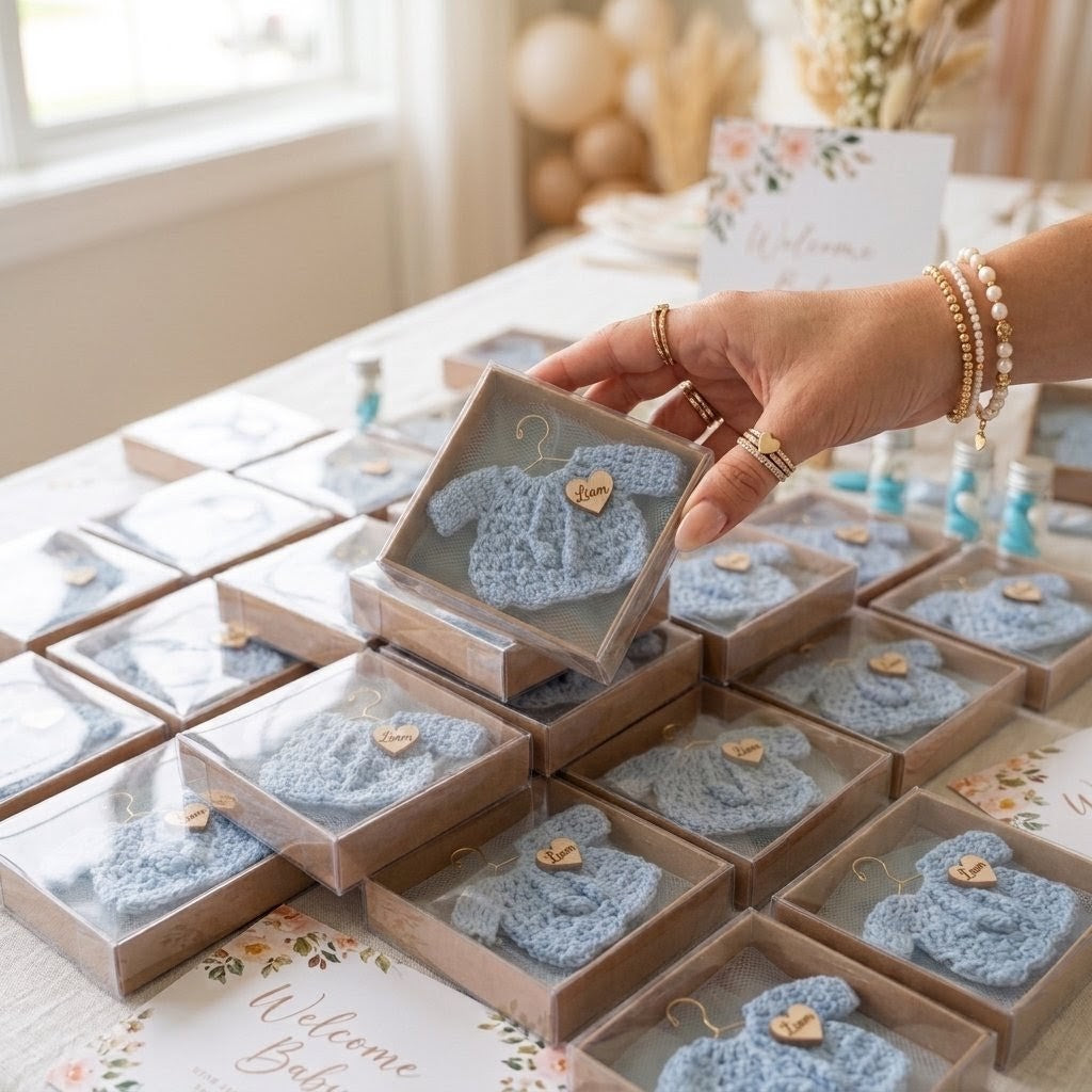 Personalized Blue Crochet Sweater Favors, Set of 12 Custom Baby Shower Keepsakes, Engraved Heart Baptism Cardigan in Display Box