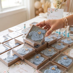 Personalized Blue Crochet Sweater Favors, Set of 12 Custom Baby Shower Keepsakes, Engraved Heart Baptism Cardigan in Display Box