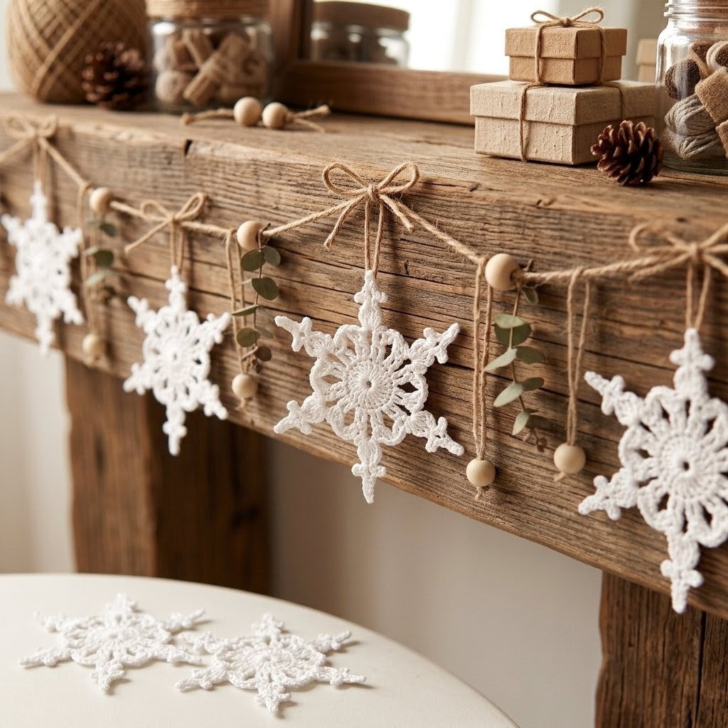 Set of 12 Crochet Snowflake Ornaments, White Star Christmas Tree Decor, Handmade Cotton Snowflakes, Winter Wonderland Garland