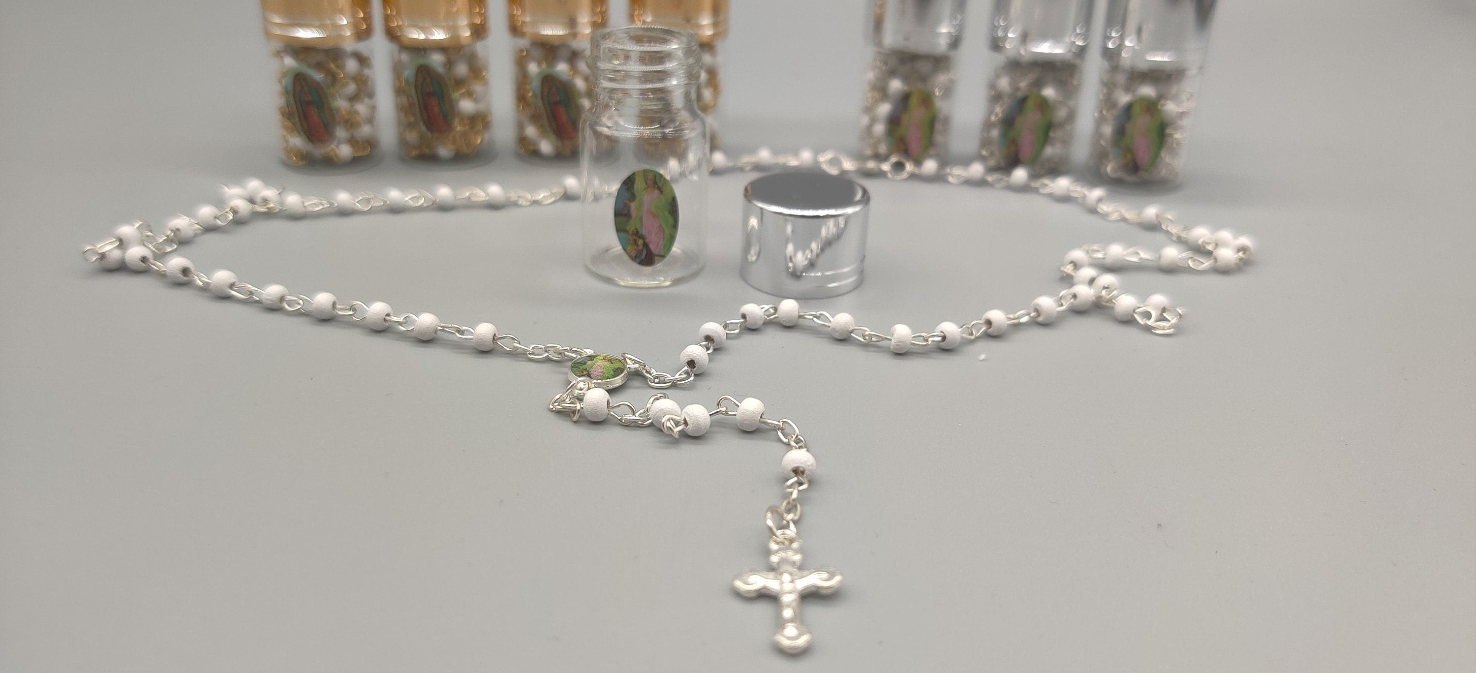 Baptism Favor - White Beaded Rosary Necklace Crucifix in elegant Glass bottle Set of 12 - Choice of Gold or Silver - Recuerdos de Bautizo