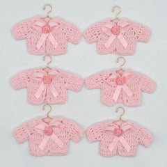 Mini Pink Crochet Cardigan Favors with Bow & Rose, Baby Shower Party Favors, Dollhouse Clothes, Set of 6 with Wire Hangers & Display Rack