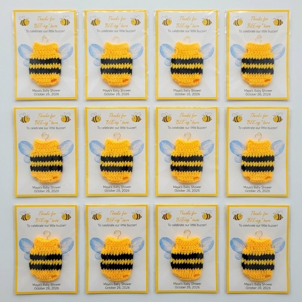 Personalized Bee Baby Shower Favors Set of 12 Crochet Bee Onesie Thanks for Bee-ing Here Card Bumble Bee Theme