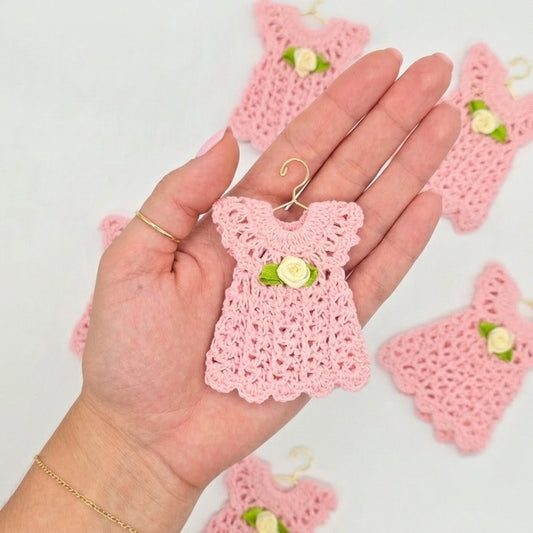 Set of 6 Mini Crochet Baby Pink Dress Favors with Cream Flower Accent - Quinceanera and Baby Shower Favors
