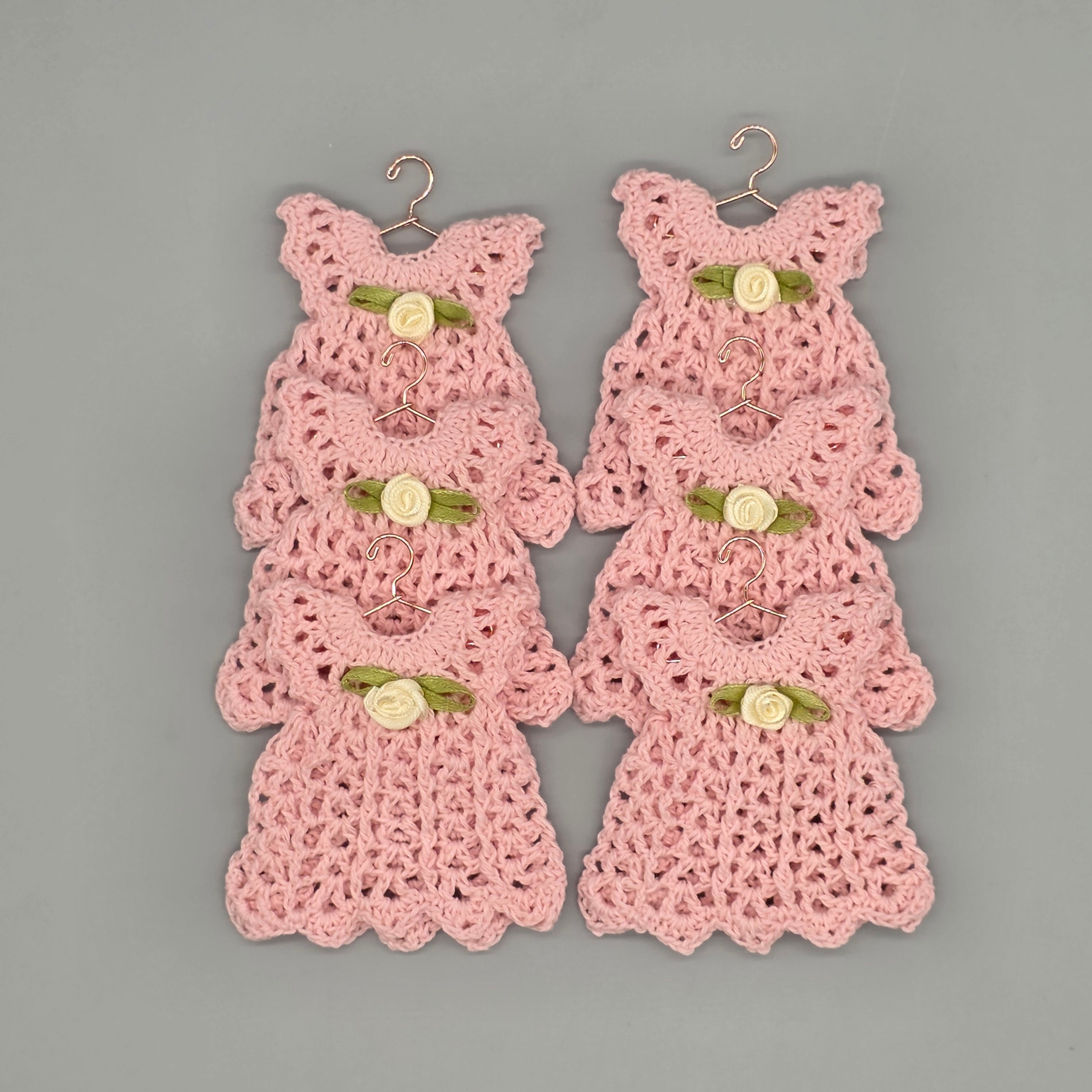 Mini Crochet Dress Favors Set of 6 - Pink Baby Shower Decor, Christening Decorations, Tiny Crocheted Dress Keepsakes with Hangers/Rack
