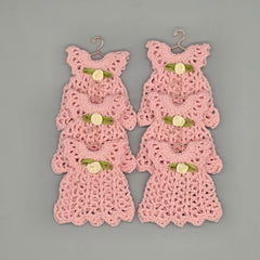 Mini Crochet Dress Favors Set of 6 - Pink Baby Shower Decor, Christening Decorations, Tiny Crocheted Dress Keepsakes with Hangers/Rack