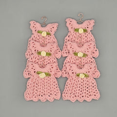 Mini Crochet Dress Favors Set of 6 - Pink Baby Shower Decor, Christening Decorations, Tiny Crocheted Dress Keepsakes with Hangers/Rack