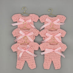 6 Pink Crochet Baby Shower Favors, Mini Onesie Keepsakes with Optional Gold Hangers & Display Rack, Handmade
