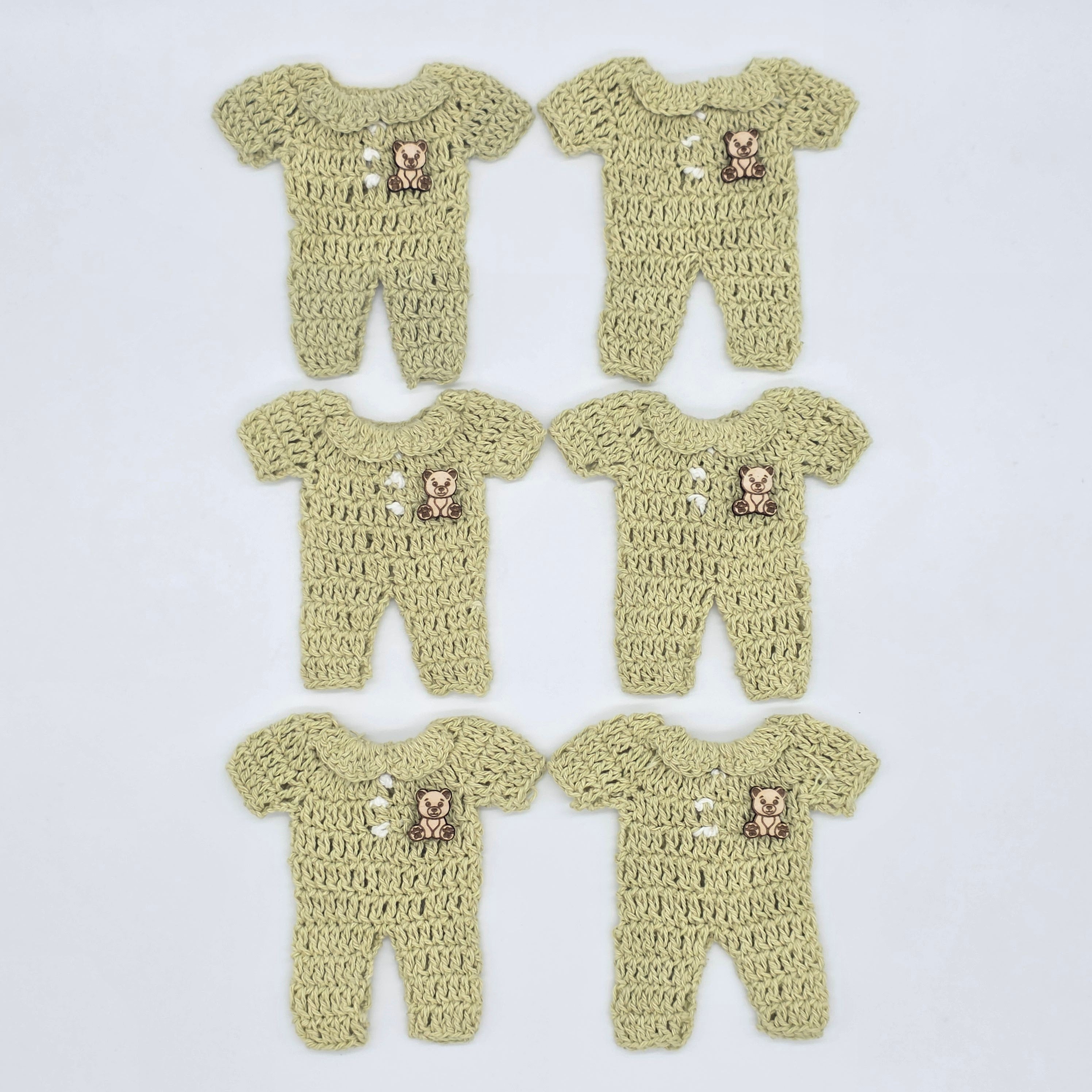 Mini Crochet Sage Green Onesie Baby Shower Favors - Set of 6 Teddy Bear Charm Crochet Party Gifts with Hanger and Rack Options - Party Favor