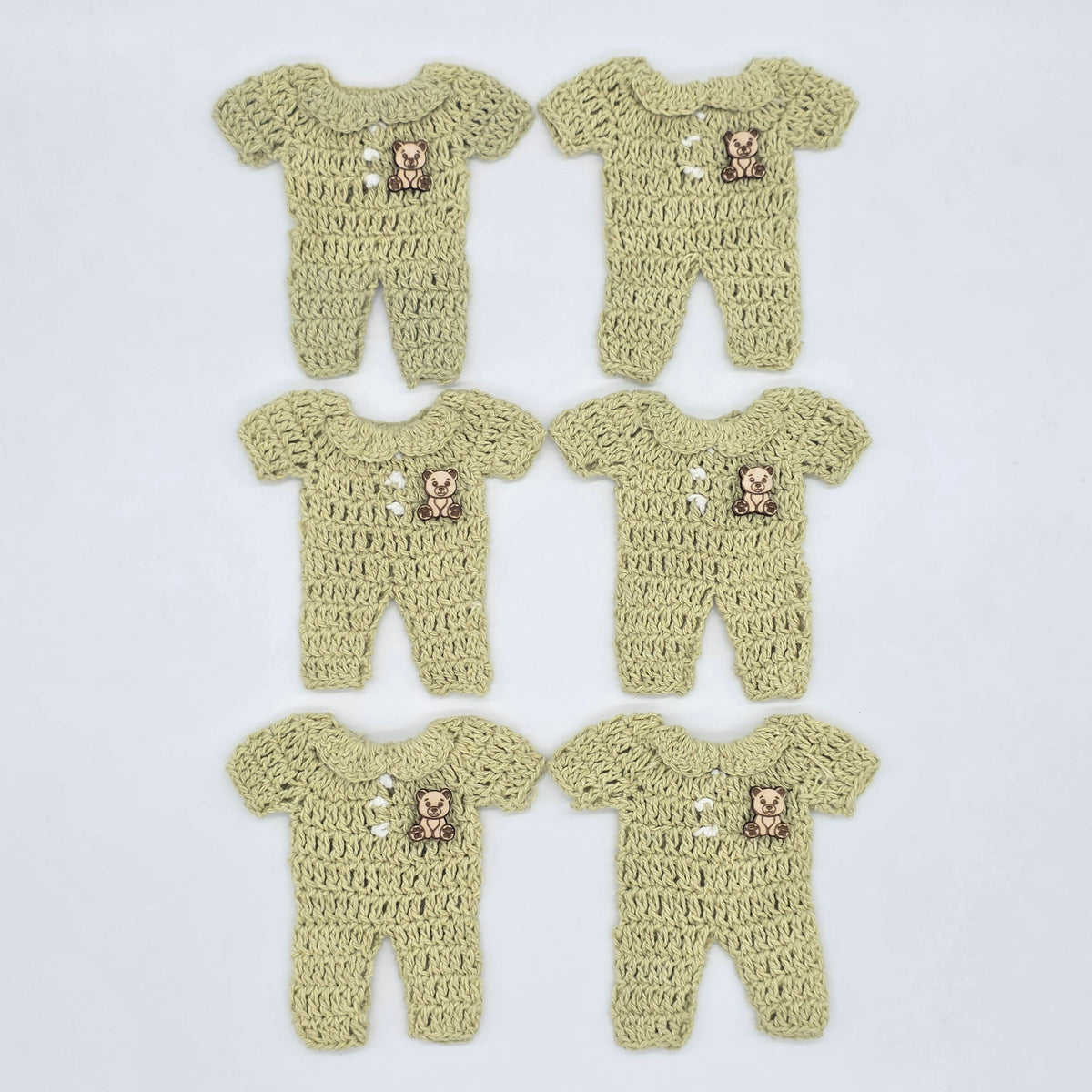 Mini Crochet Sage Green Onesie Baby Shower Favors - Set of 6 Teddy Bear Charm Crochet Party Gifts with Hanger and Rack Options - Party Favor