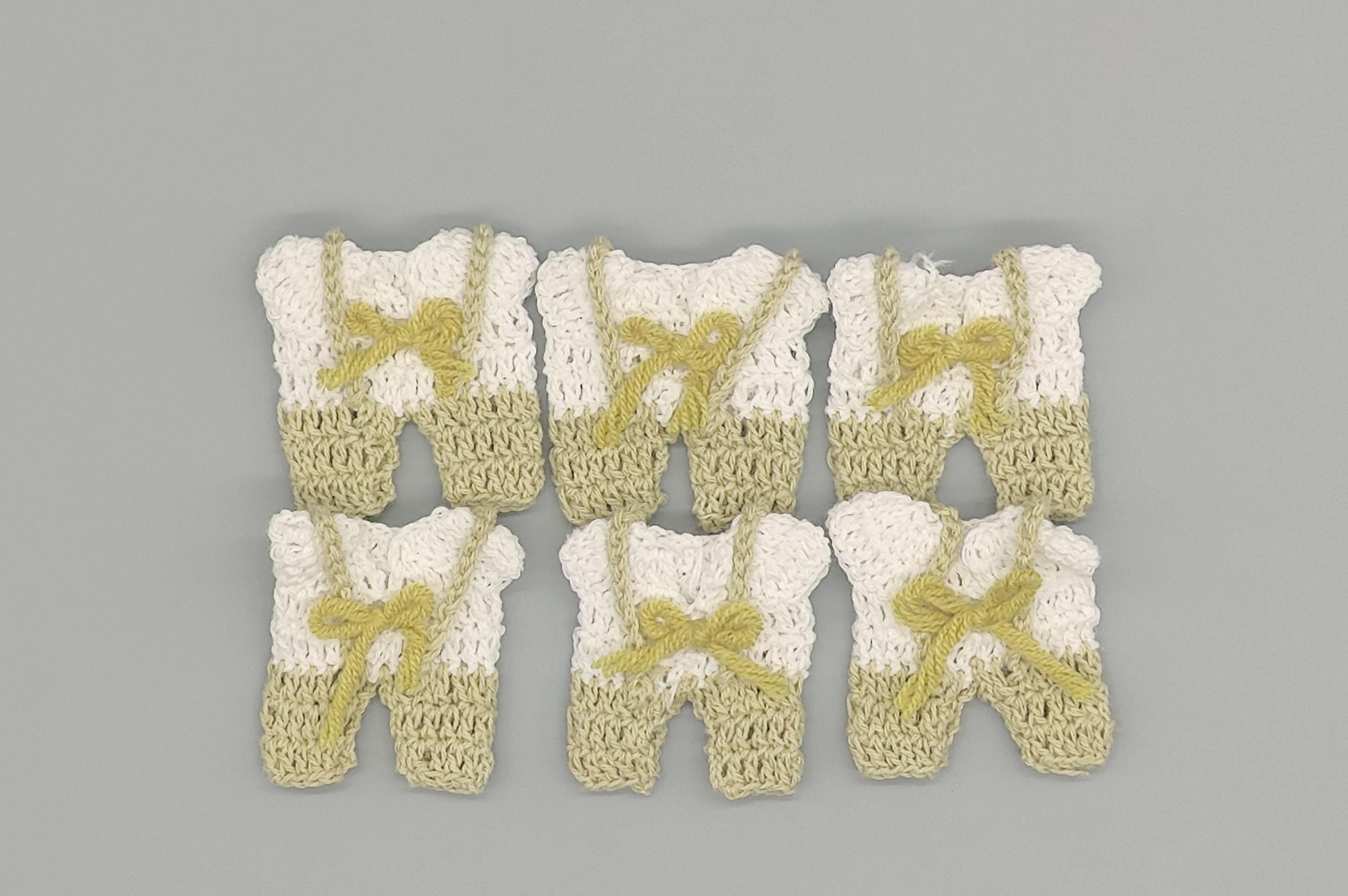 Set of 6 Mini Crochet Baby Overall Favors with bowtie - Sage Green - Baby Shower, Gender Reveal, Baby Welcome - Hanger and rack options!