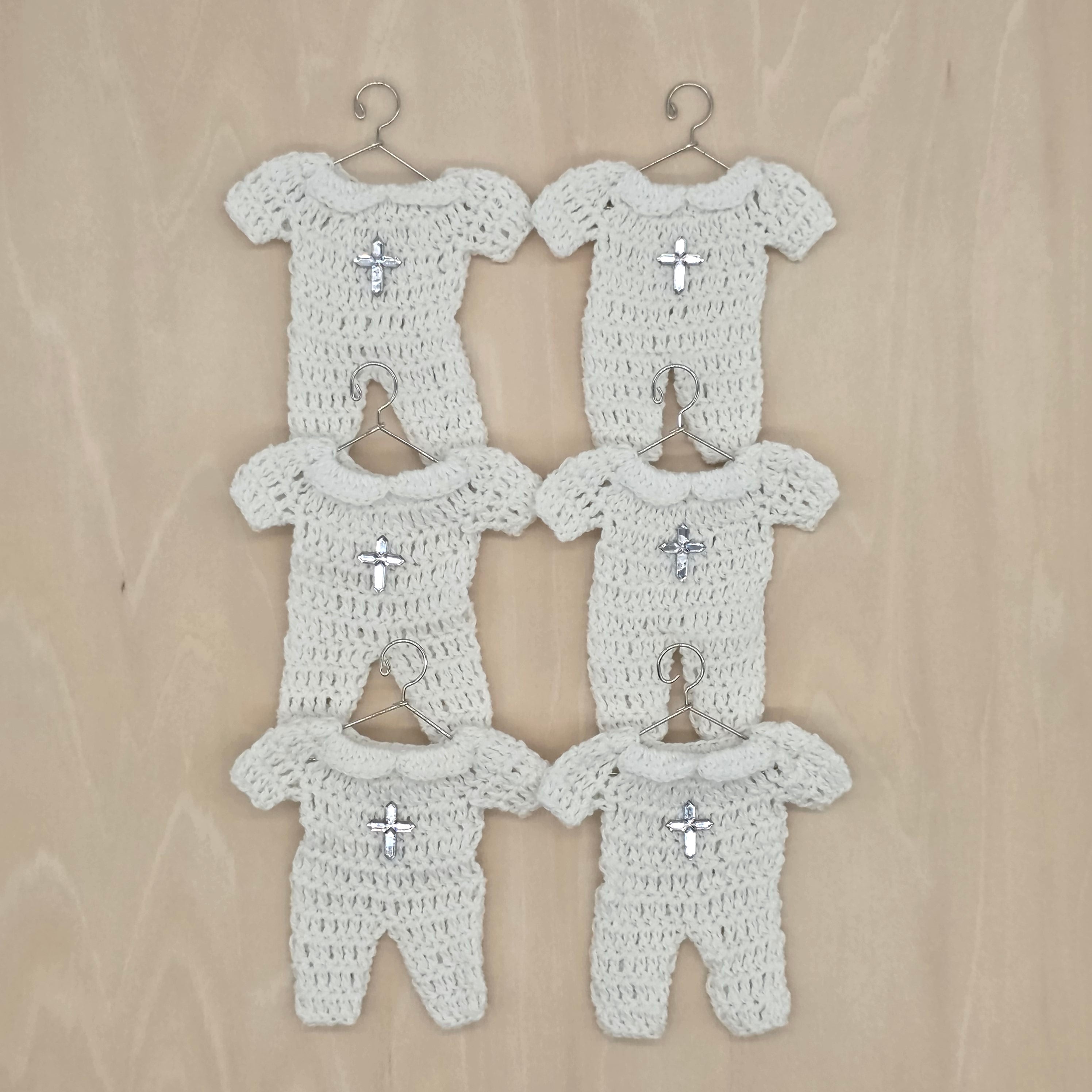 Mini Crochet Baptism Favors - White Onesie with Silver Cross & Hanger Options | Christening, Baby Shower, First Communion Decor - 6 pieces