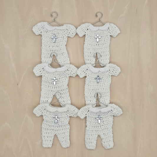 Mini Crochet Baptism Favors - White Onesie with Silver Cross & Hanger Options | Christening, Baby Shower, First Communion Decor - 6 pieces