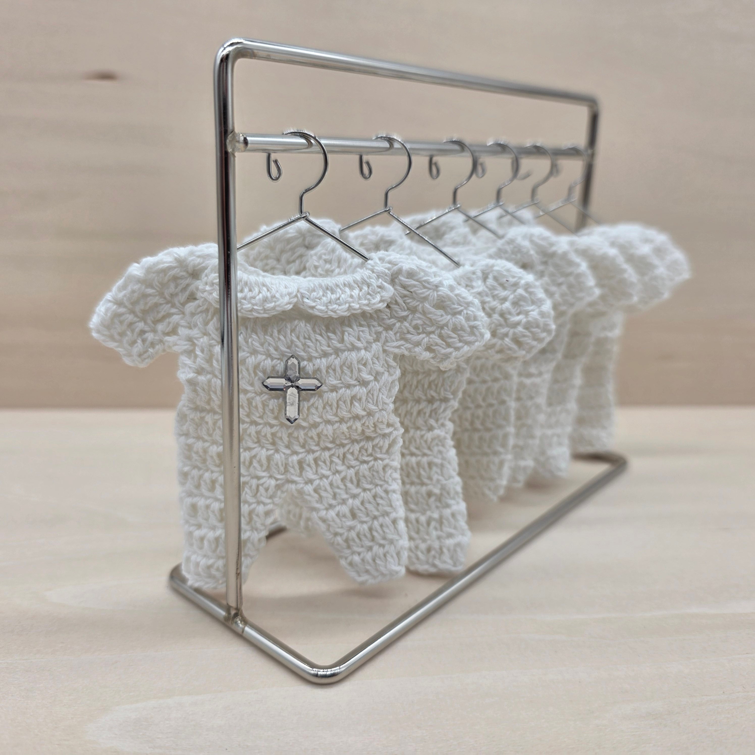 Mini Crochet Baptism Favors - White Onesie with Silver Cross & Hanger Options | Christening, Baby Shower, First Communion Decor - 6 pieces