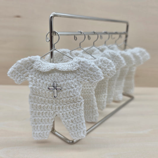 Mini Crochet Baptism Favors - White Onesie with Silver Cross & Hanger Options | Christening, Baby Shower, First Communion Decor - 6 pieces