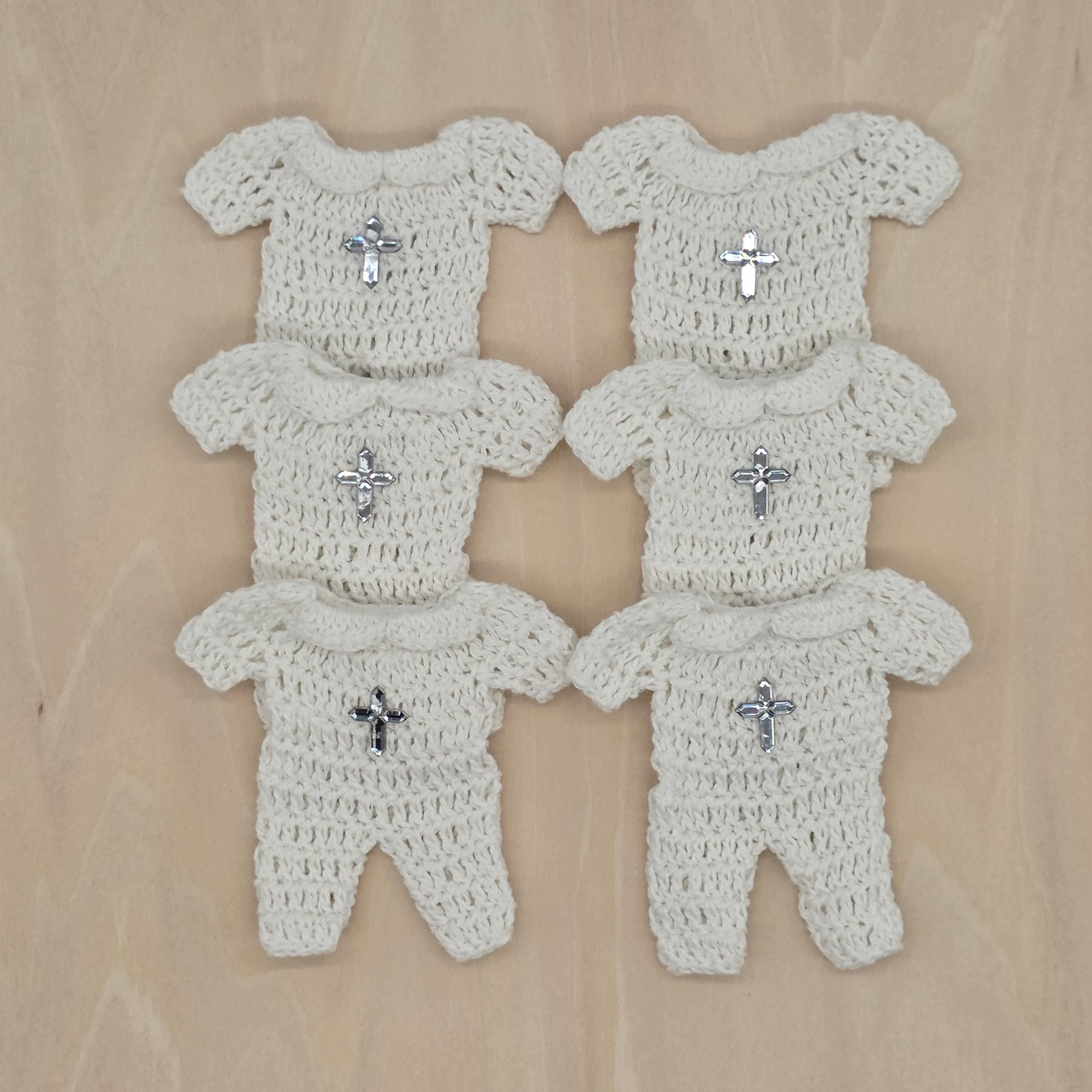 Mini Crochet Baptism Favors - White Onesie with Silver Cross & Hanger Options | Christening, Baby Shower, First Communion Decor - 6 pieces