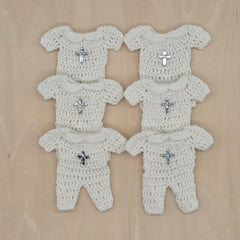 Mini Crochet Baptism Favors - White Onesie with Silver Cross & Hanger Options | Christening, Baby Shower, First Communion Decor - 6 pieces