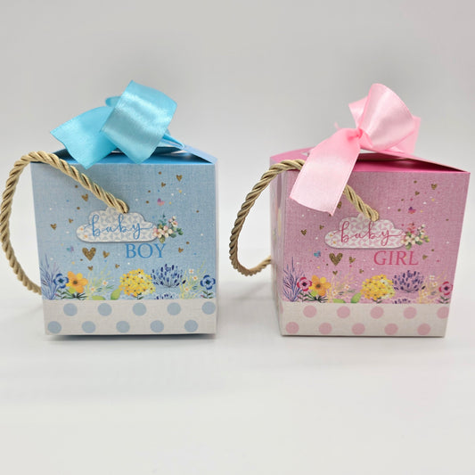 Baby Shower Favor Boxes - 12 pack - Elephant & Floral Designs with Gold Handles - Pink or Blue Gender Reveal Candy Gift Boxes