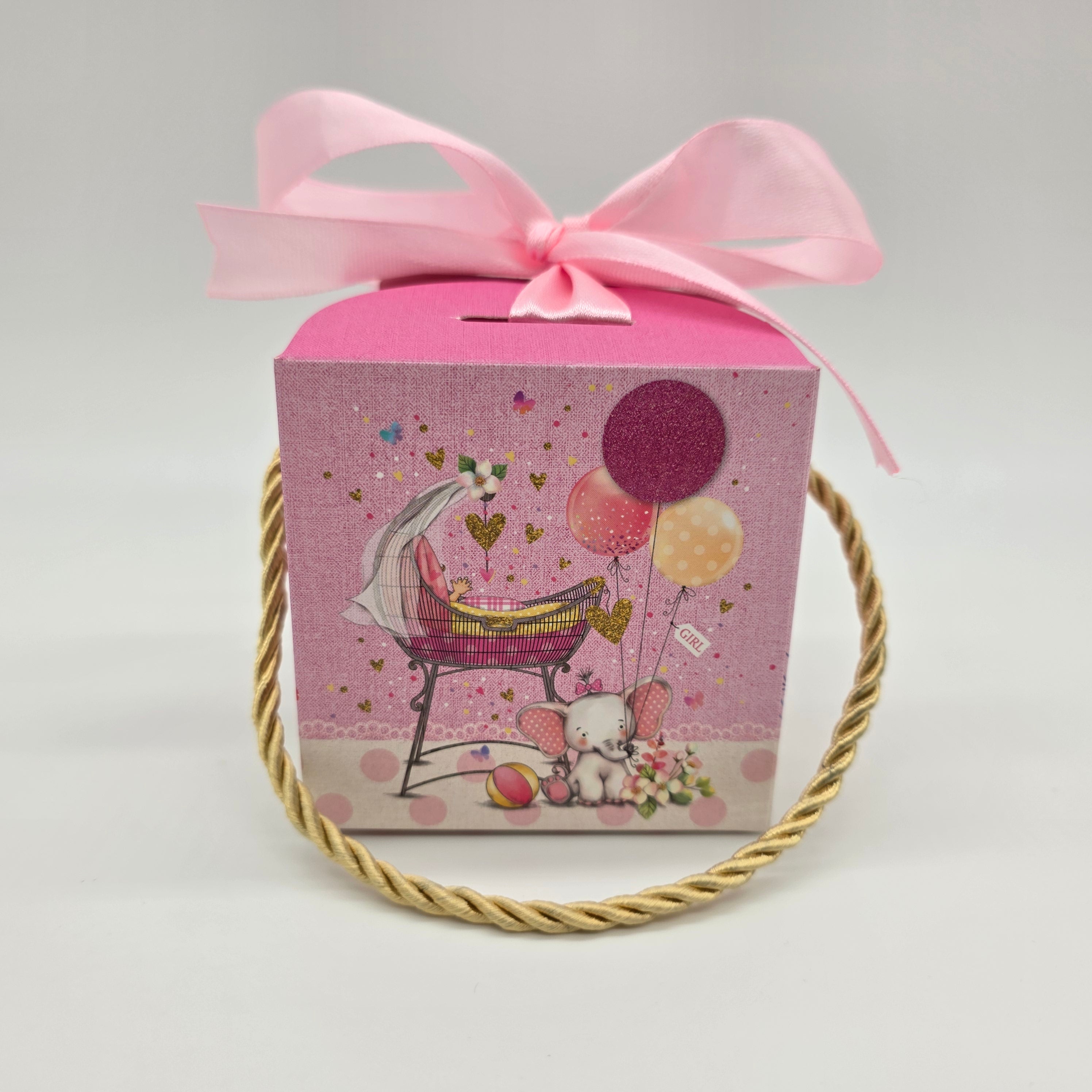 Baby Shower Favor Boxes - 12 pack - Elephant & Floral Designs with Gold Handles - Pink or Blue Gender Reveal Candy Gift Boxes
