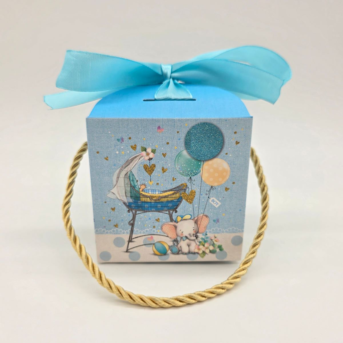 Baby Shower Favor Boxes - 12 pack - Elephant & Floral Designs with Gold Handles - Pink or Blue Gender Reveal Candy Gift Boxes