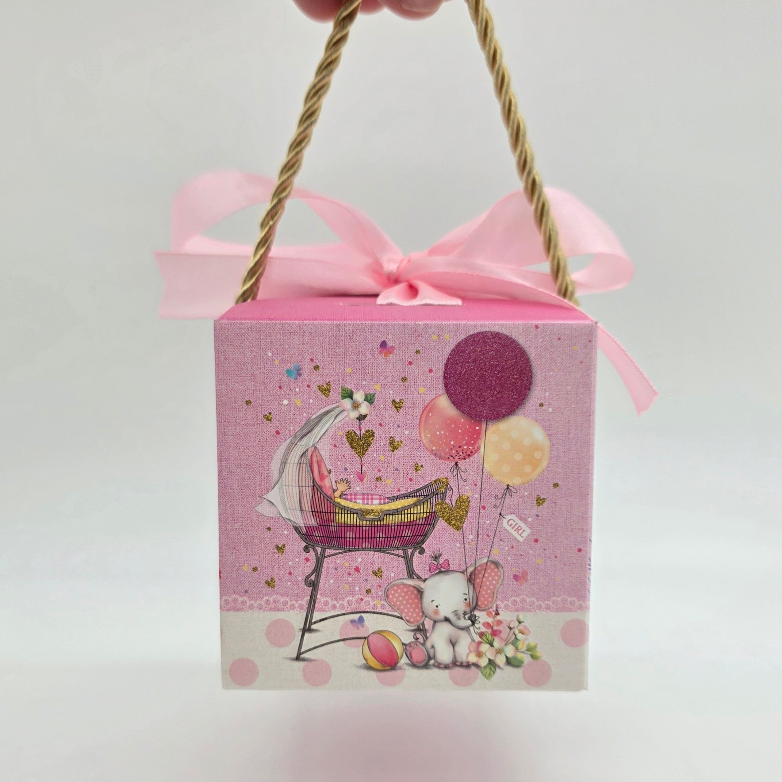 Baby Shower Favor Boxes - 12 pack - Elephant & Floral Designs with Gold Handles - Pink or Blue Gender Reveal Candy Gift Boxes