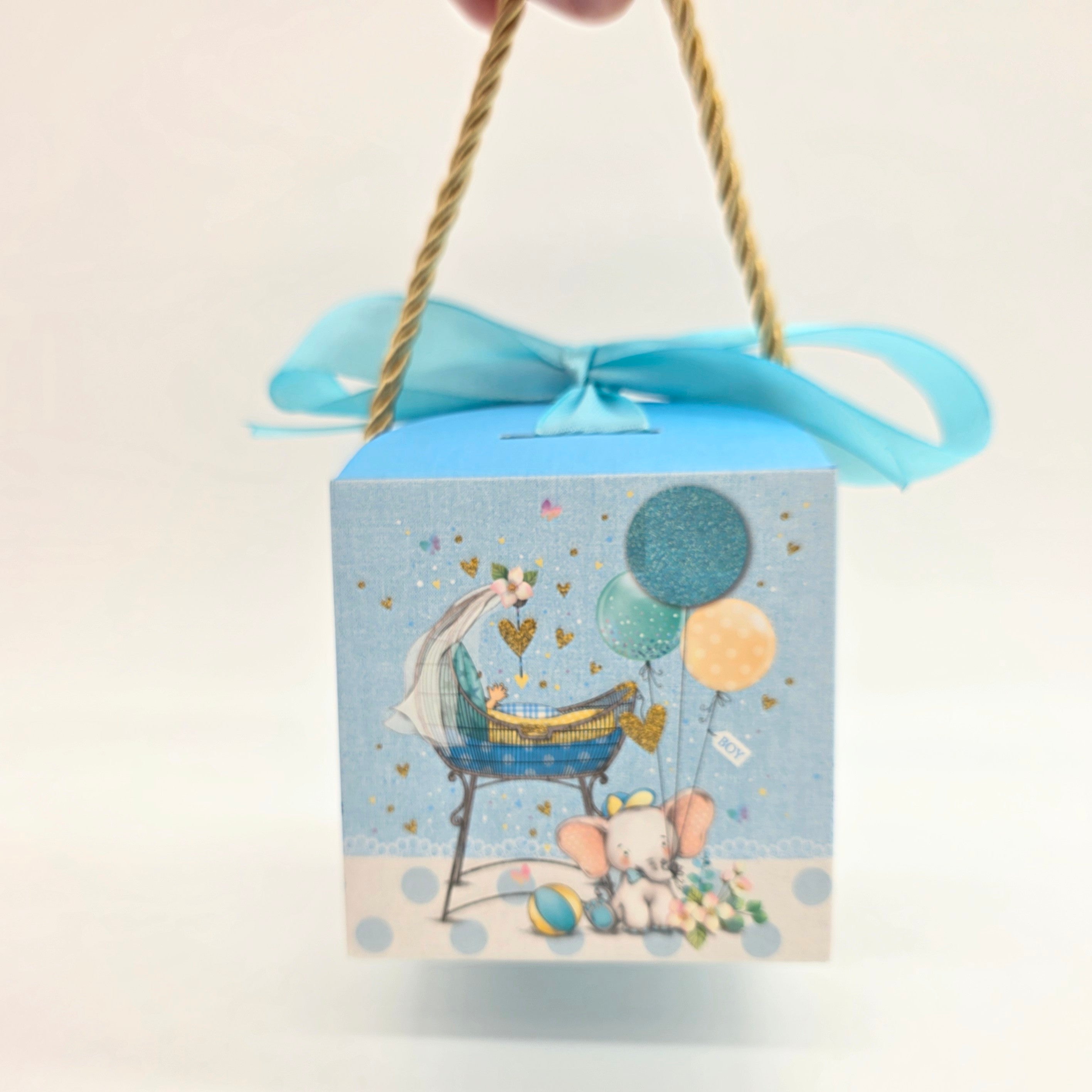 Baby Shower Favor Boxes - 12 pack - Elephant & Floral Designs with Gold Handles - Pink or Blue Gender Reveal Candy Gift Boxes