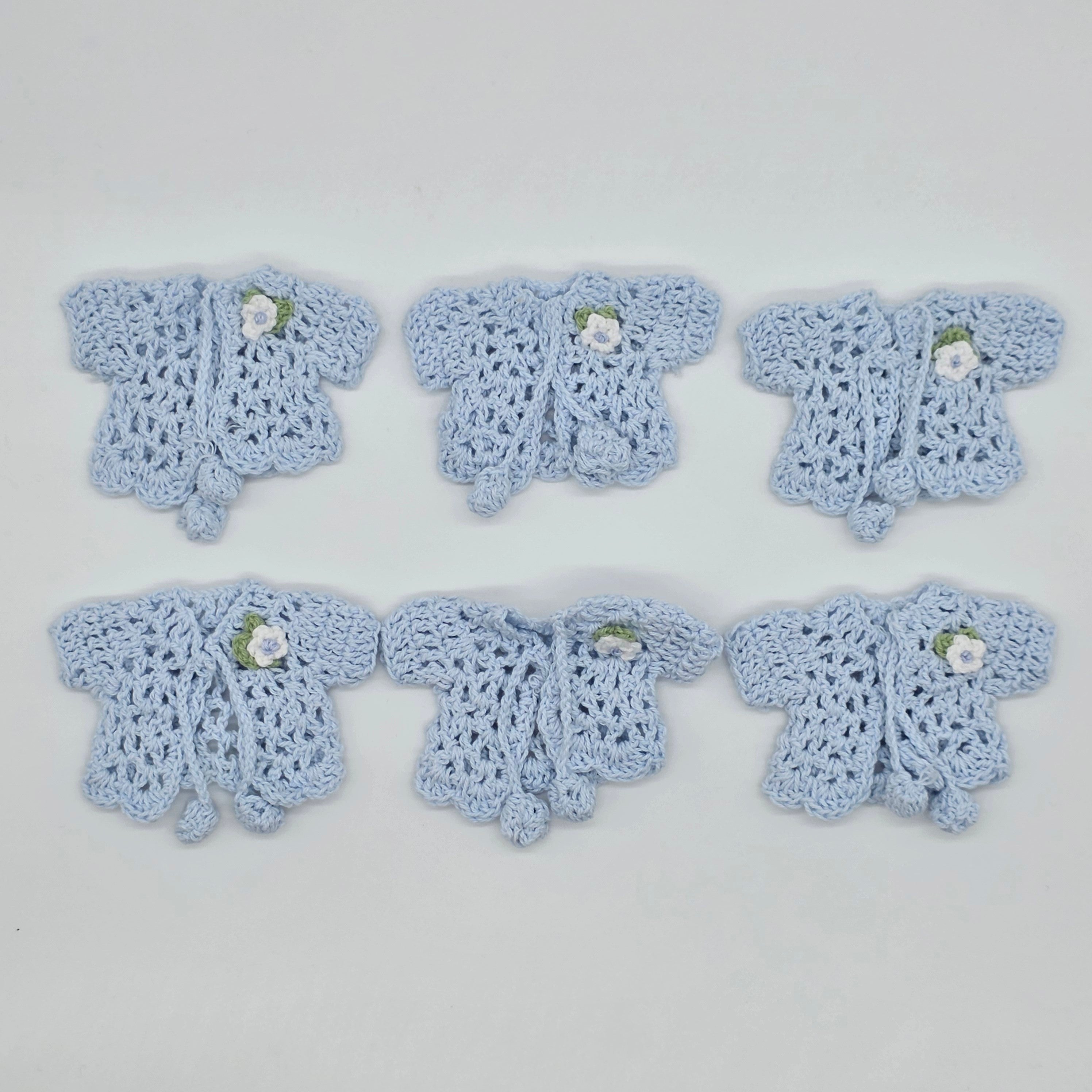 Blue Mini Crochet Party Favor Baby Jackets - Tiny Handmade Keepsakes with Silver Hanger & Rack Options for Baby Shower or Baptism - 6 pcs