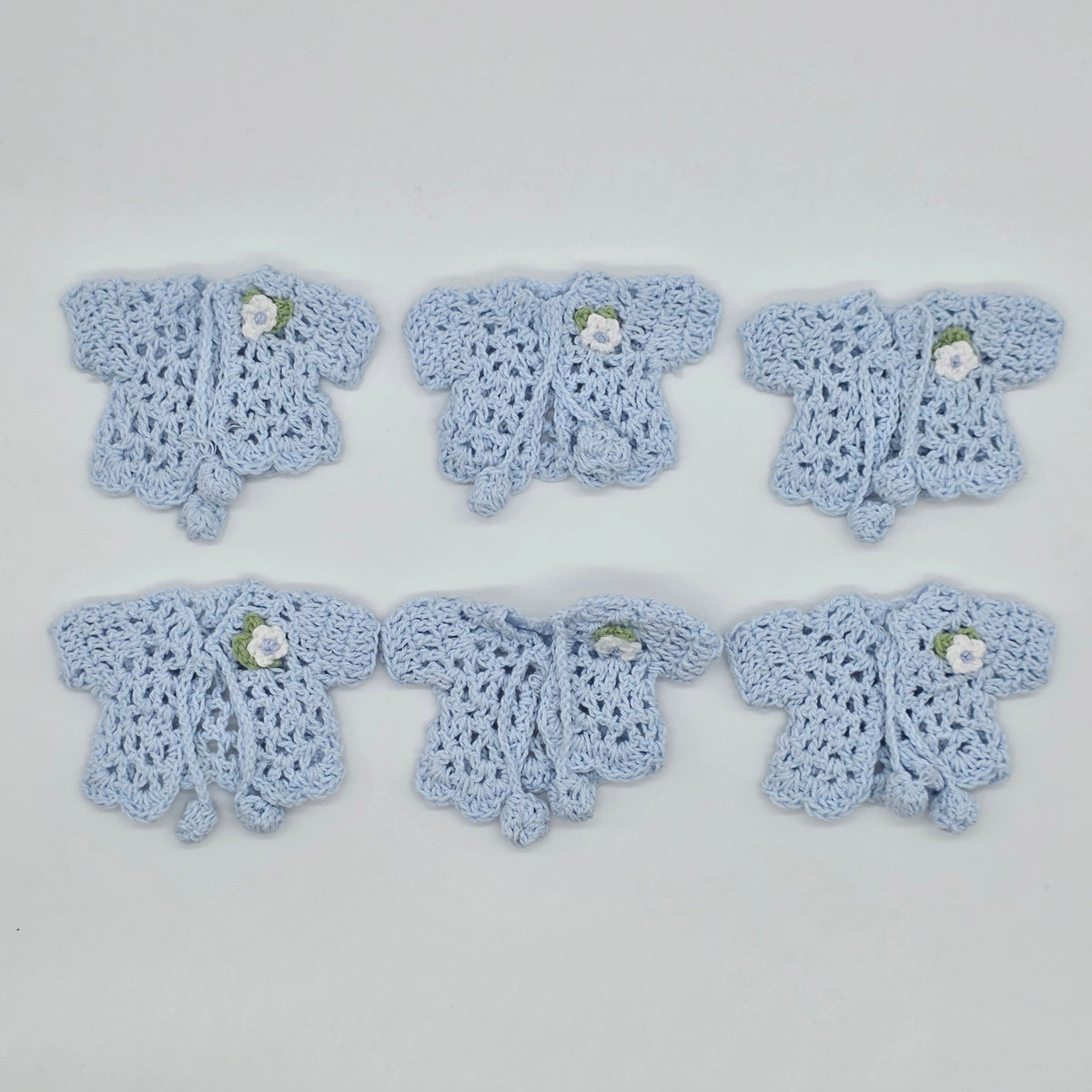 Blue Mini Crochet Party Favor Baby Jackets - Tiny Handmade Keepsakes with Silver Hanger & Rack Options for Baby Shower or Baptism - 6 pcs