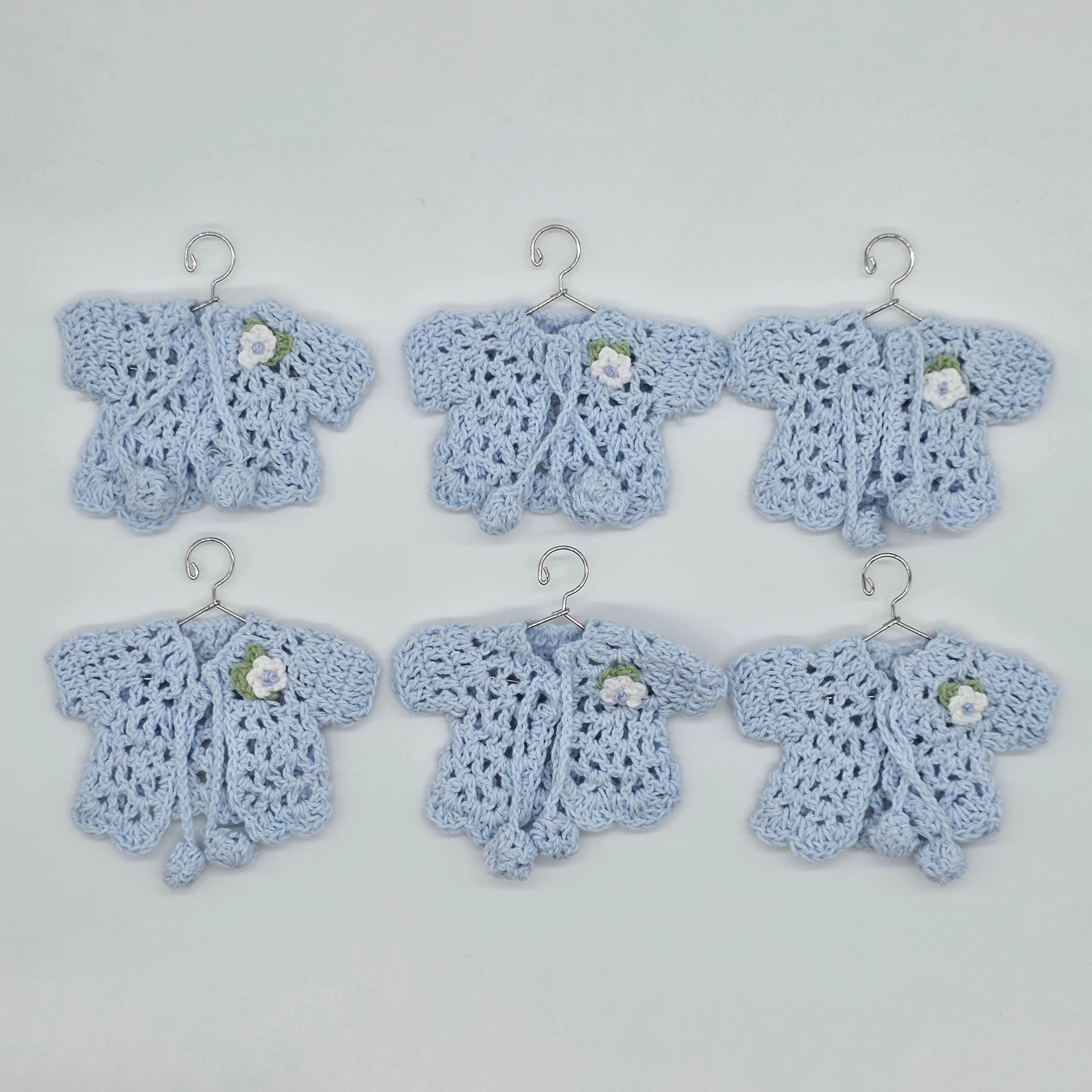 Blue Mini Crochet Party Favor Baby Jackets - Tiny Handmade Keepsakes with Silver Hanger & Rack Options for Baby Shower or Baptism - 6 pcs